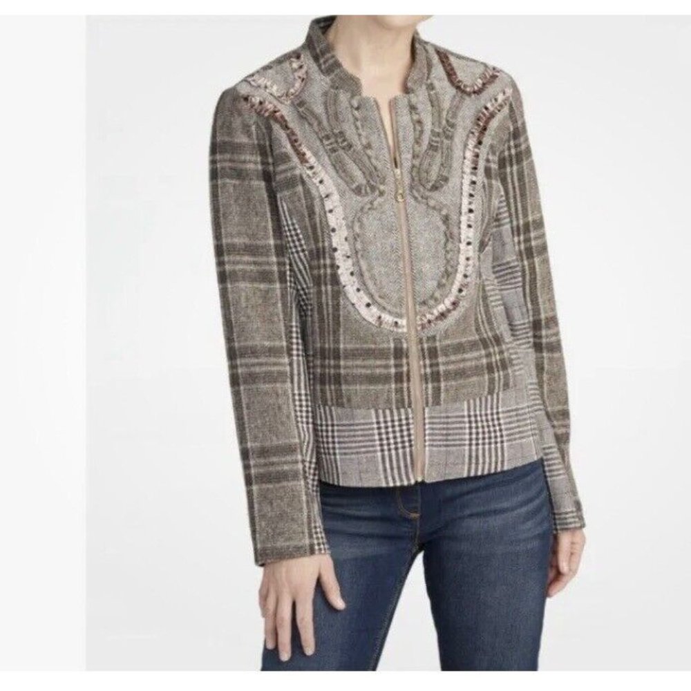 Coco And Carmen Brown Plaid  Embellished Full Zip Jacket Women’s S/M NWT-148A